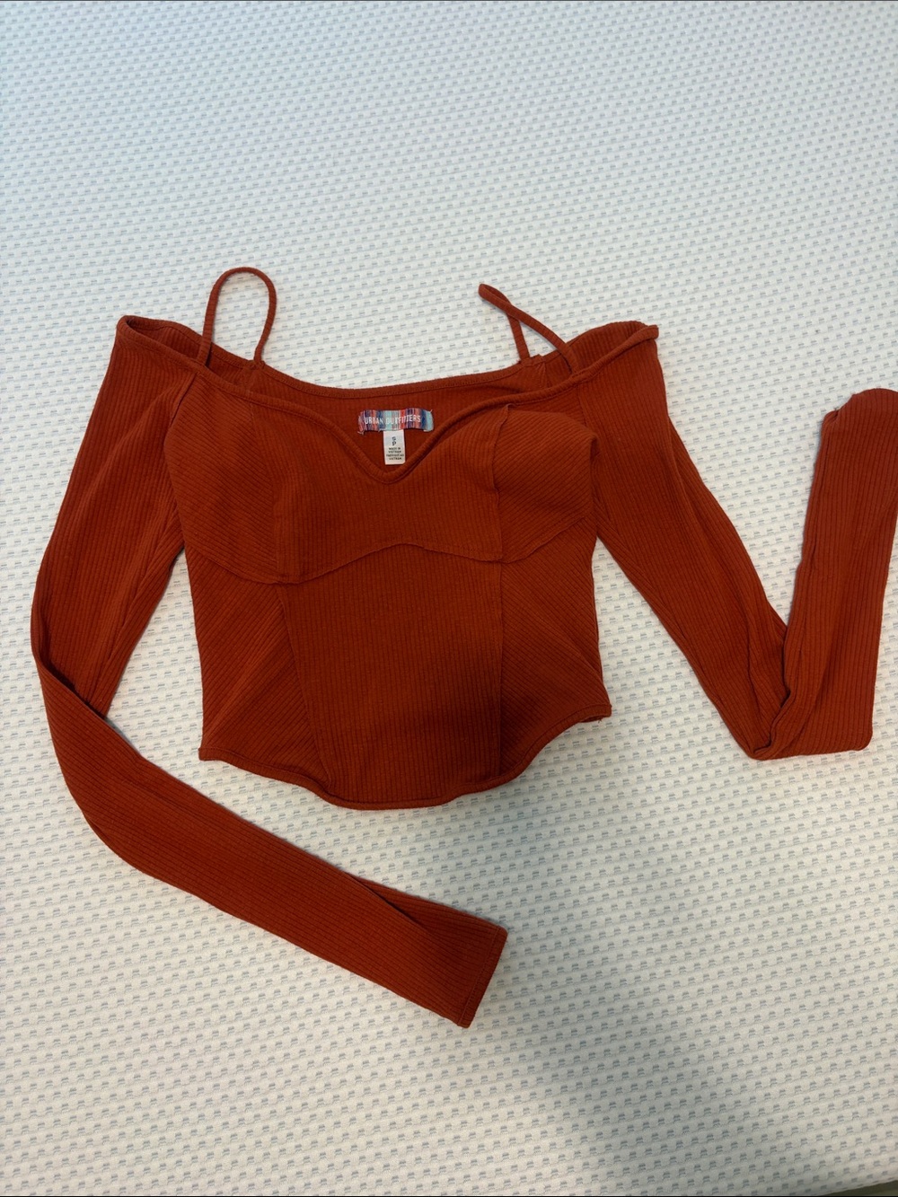 Urban Outfitters Rusty Orange Ribbed Off-Shoulder Crop Top